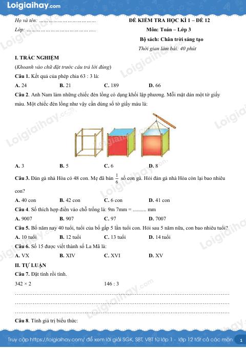 Đề kiểm tra học kì 1 Toán 3 Chân trời sáng tạo - Đề số 12